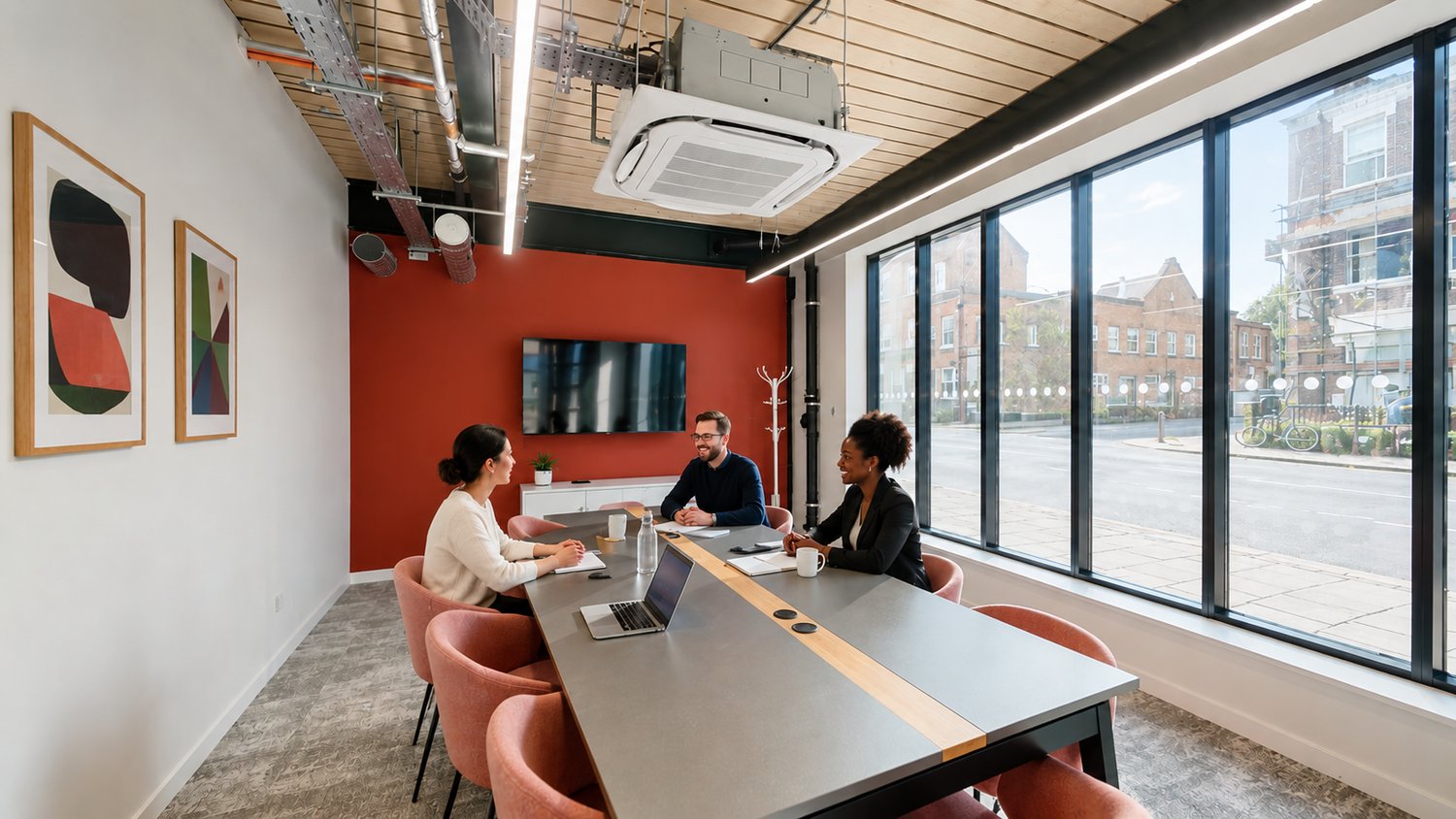 Bookable by the hour meeting space, fully equipped for presenting and video conferences.