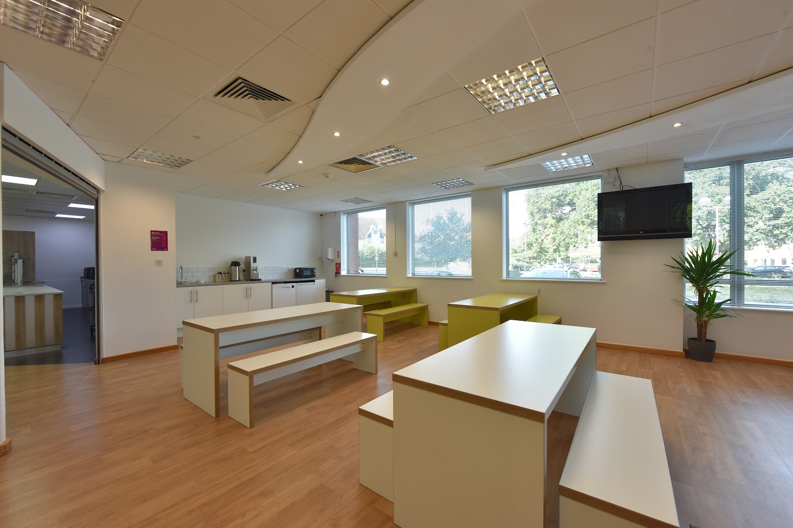 View of a break out space and communal kitchen at Oak House Worcester